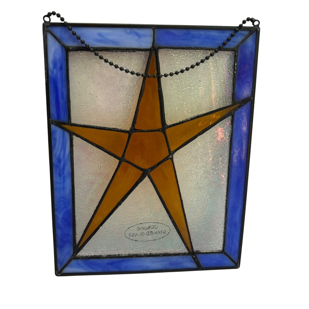 Genuine Stained Glass Star Suncatcher Blue Iridescent Amber Window Hanging 9x7